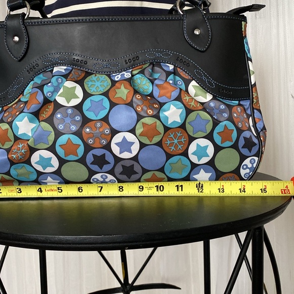 Soco shoulder bag stars, snowflakes ❄️ nylon /black leather! Blue stitching! - Picture 9 of 16